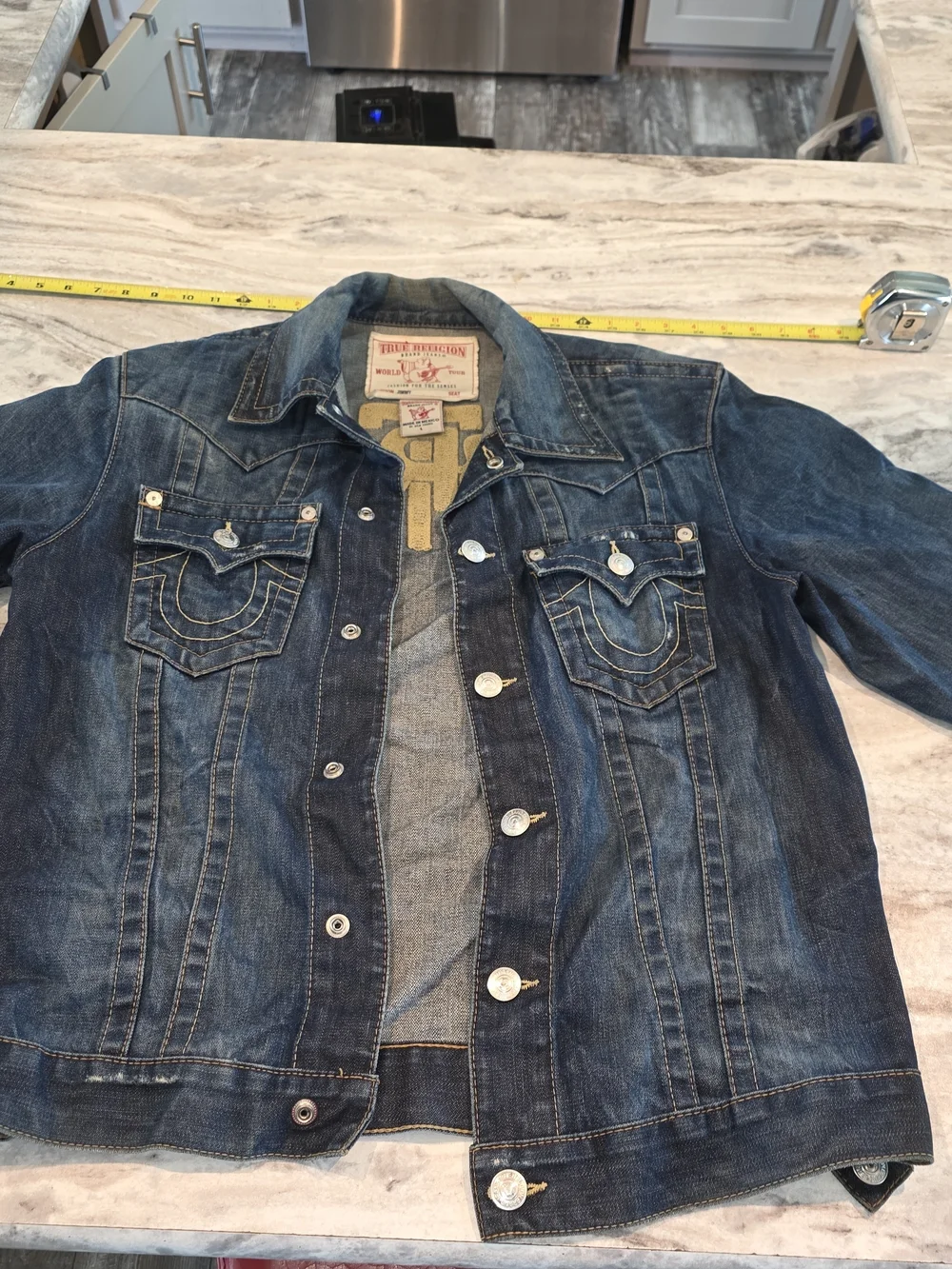 True Religion Men's L Jimmy Western Jacket MC Embroidered Distressed Denim Blue